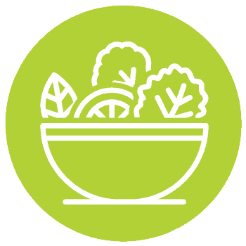 Icon of a salad bowl containing various leafy greens and vegetables, displayed on a green circular background, symbolizing naturopathy.