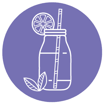 Outlined drawing of a mason jar drink with a straw, a lemon slice, and two leaves against a purple background. The refreshing imagery evokes the essence of naturopathy.