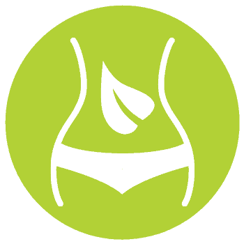 Outlined silhouette of a waist in underwear with a leaf on top, symbolizing naturopathy, set against a green circular background.