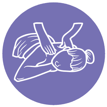 Illustration of a person lying face down while receiving a back and shoulder massage, depicted in a simple, white outline on a purple background. This scene beautifully represents the essence of massage therapies.