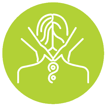 A line drawing of a person receiving one of the many massage therapies, with hands positioned at the top and around the neck area. The background is a green circular field.