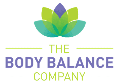 Logo of The Body Balance Company featuring a stylized leaf graphic in shades of green and blue above the company's name in green and purple text.