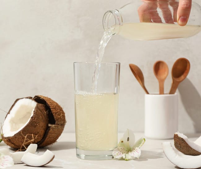 A hand pours coconut water from a glass bottle into a clear glass, with coconut halves, wooden spoons, and flowers on the table.